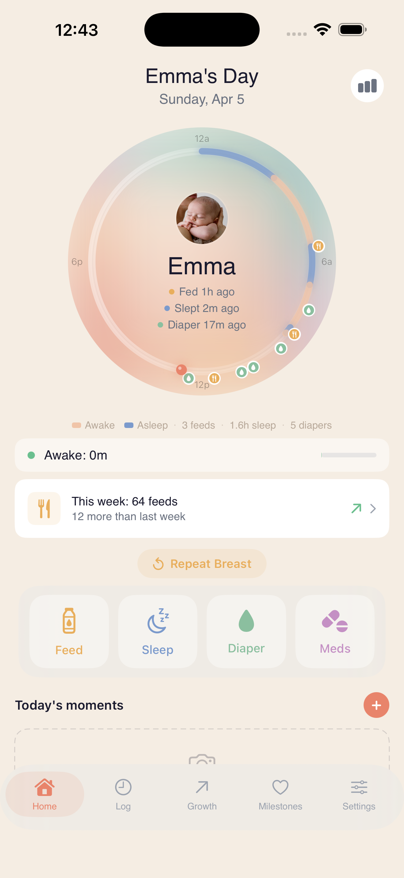 TandemBaby app showing Emma's day with the Orbit 24-hour view, feeds, sleep, and diaper tracking