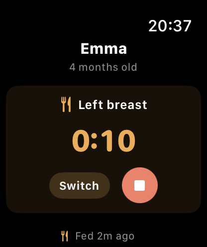 Apple Watch showing active breast feeding timer with Switch and Stop buttons