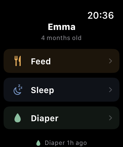 Apple Watch showing Feed, Sleep, and Diaper quick-log buttons